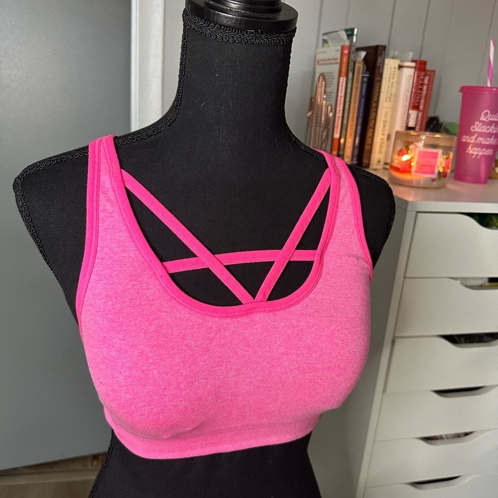 Reebok Neon Pink Sports Bra Crisscross Size Small